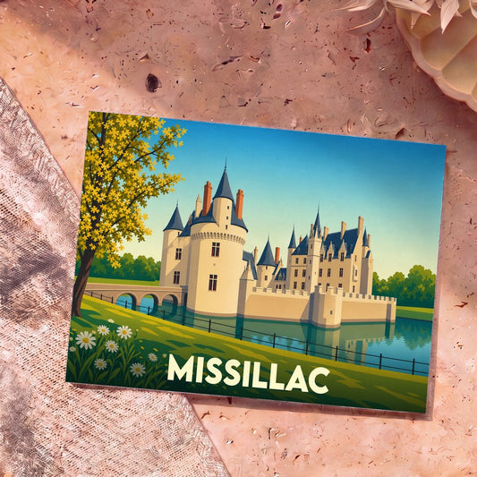 Carte postale souvenir de la ville de Missillac avec une illustration stylisée de son château bordant l'eau.