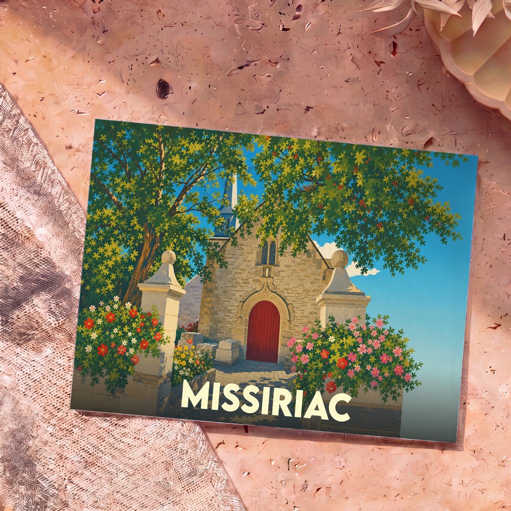 Carte postale souvenir de la ville de Missiriac illustrant son église dans un style graphique et coloré.