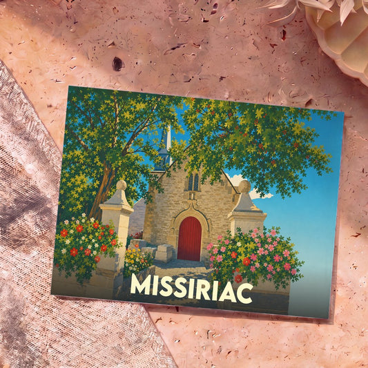 Carte postale souvenir de la ville de Missiriac illustrant son église dans un style graphique et coloré.