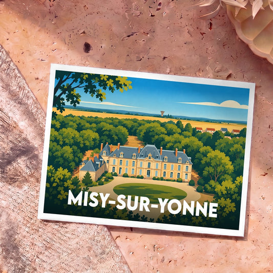 Carte postale souvenir de la ville de Misy-sur-Yonne illustrant un château entouré de verdure dans un style graphique épuré.