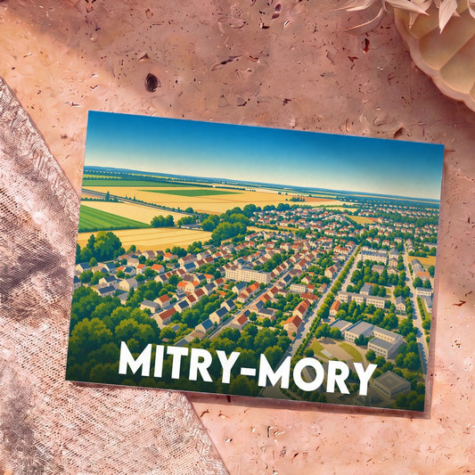 Carte postale souvenir de la ville de Mitry-Mory avec une illustration stylisée vue du ciel.