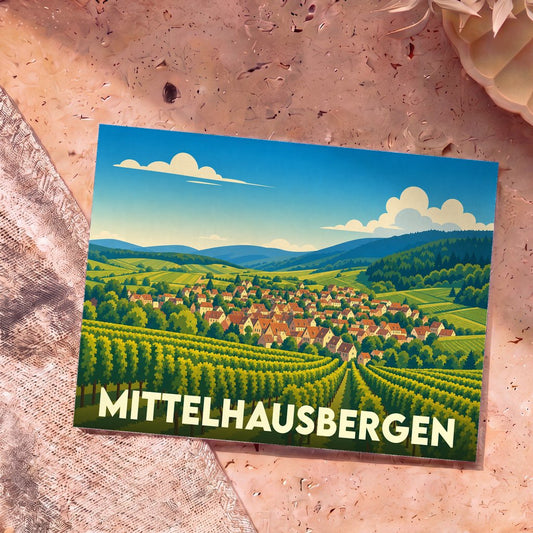 Carte postale souvenir de la ville de Mittelhausbergen avec une illustration stylisée de son paysage de vignobles.
