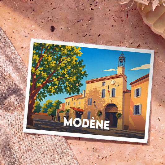 Carte postale souvenir de la ville de Modène avec une illustration stylisée et colorée.