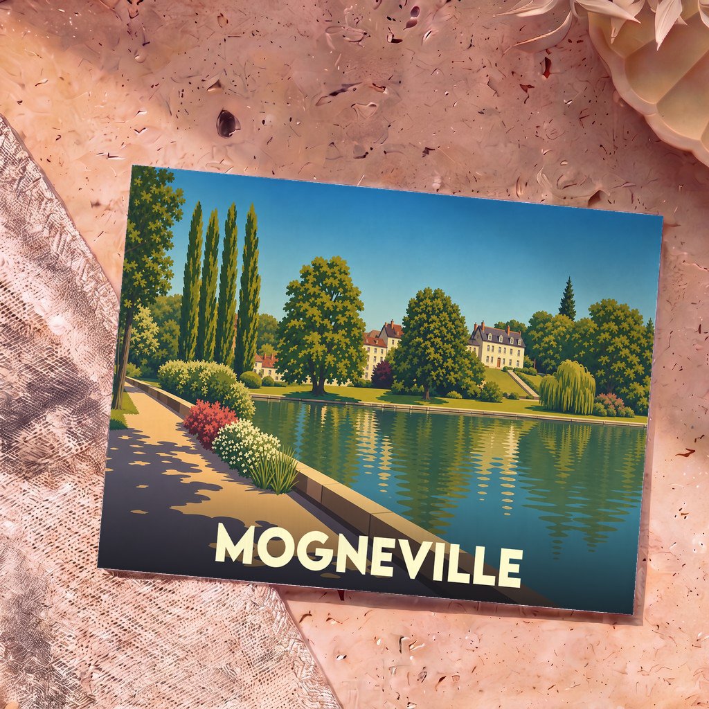 Carte postale souvenir de la ville de Mogneville illustrant un parc arboré au bord de l'eau.