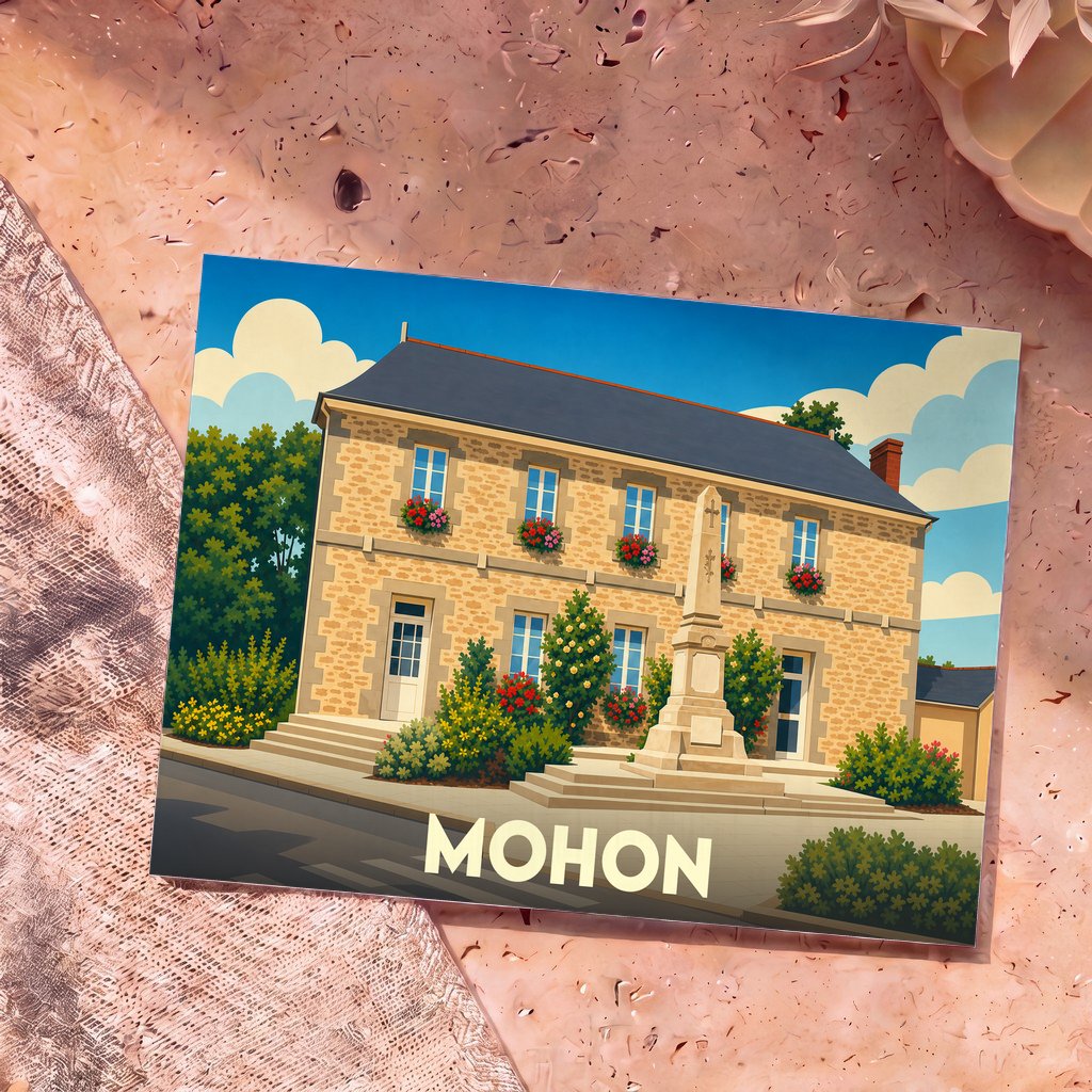 Carte postale souvenir de la ville de Mohon avec une illustration stylisée d'un bâtiment en pierre et son monument.