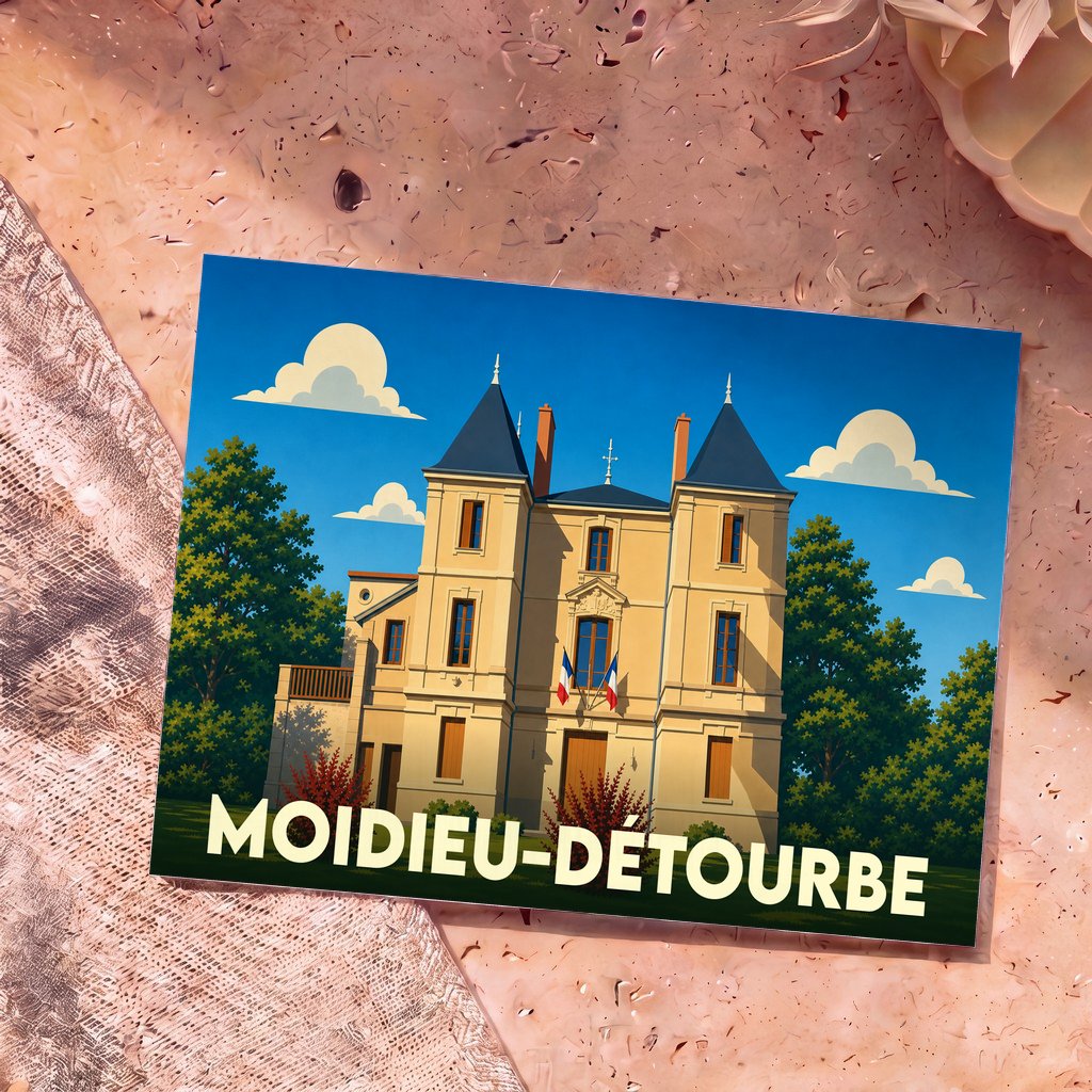 Carte postale souvenir de la ville de Moidieu-Détourbe avec une illustration stylisée de sa mairie.