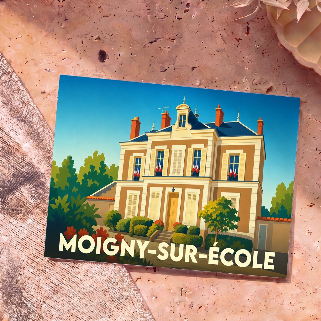 Carte postale souvenir de la ville de Moigny-sur-École avec une illustration stylisée de la mairie.