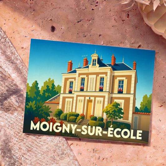 Carte postale souvenir de la ville de Moigny-sur-École avec une illustration stylisée de la mairie.