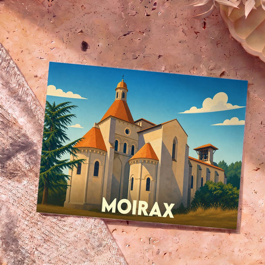 Carte postale souvenir de la ville de Moirax avec une illustration stylisée de son église romane.