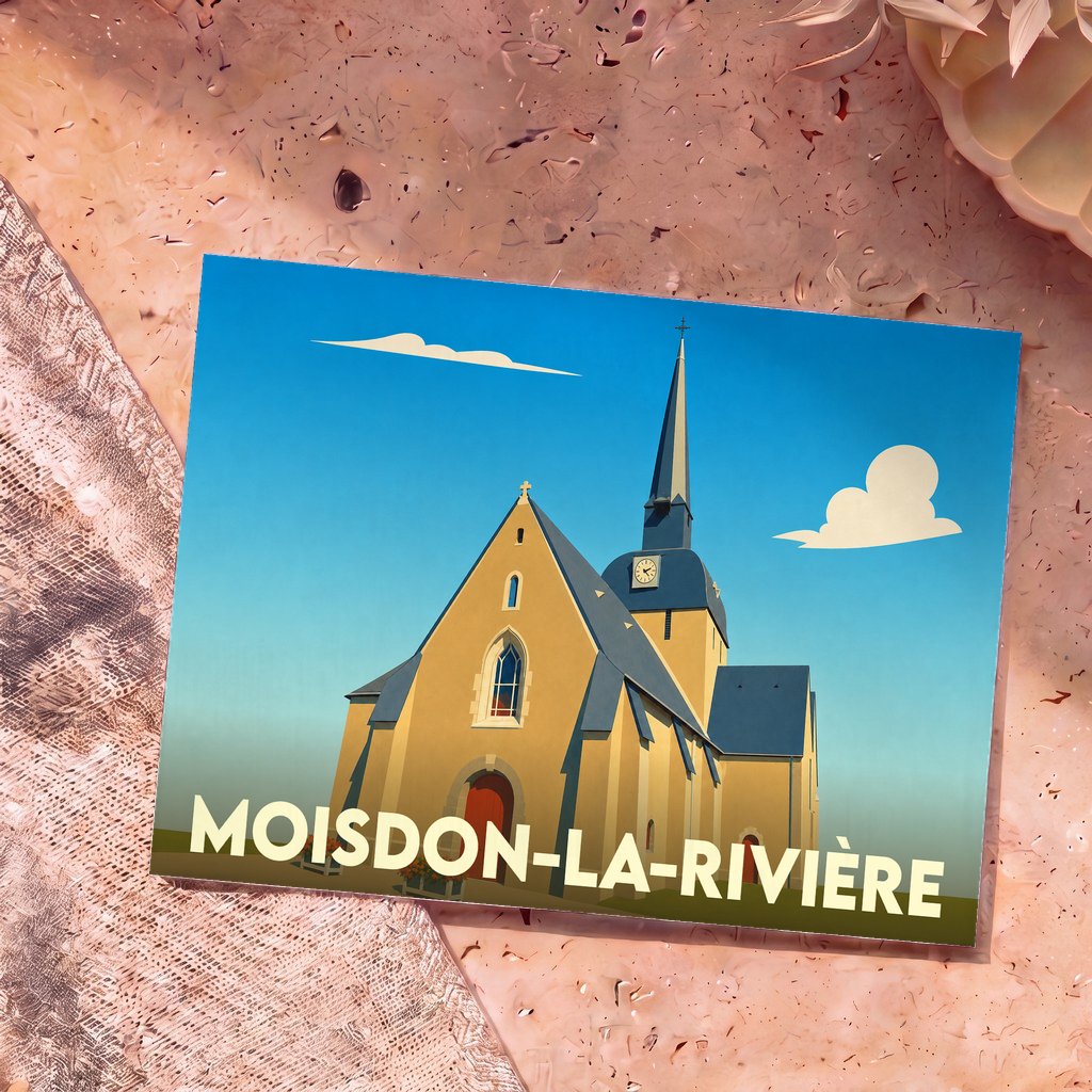 Carte postale souvenir de la ville de Moisdon-la-Rivière avec une illustration stylisée de son église.