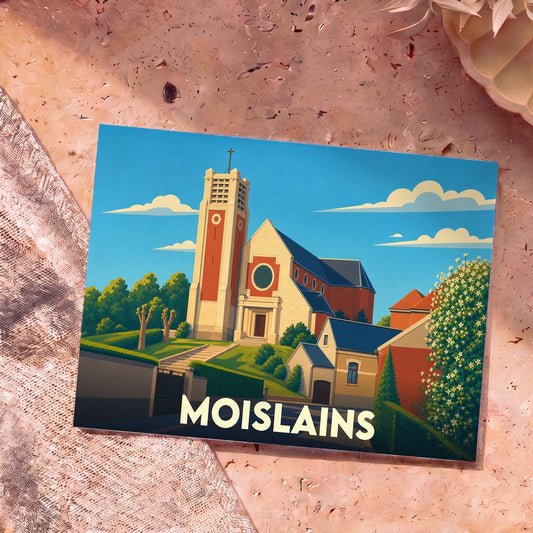 Carte postale souvenir de la ville de Moislains avec une illustration stylisée de son église.