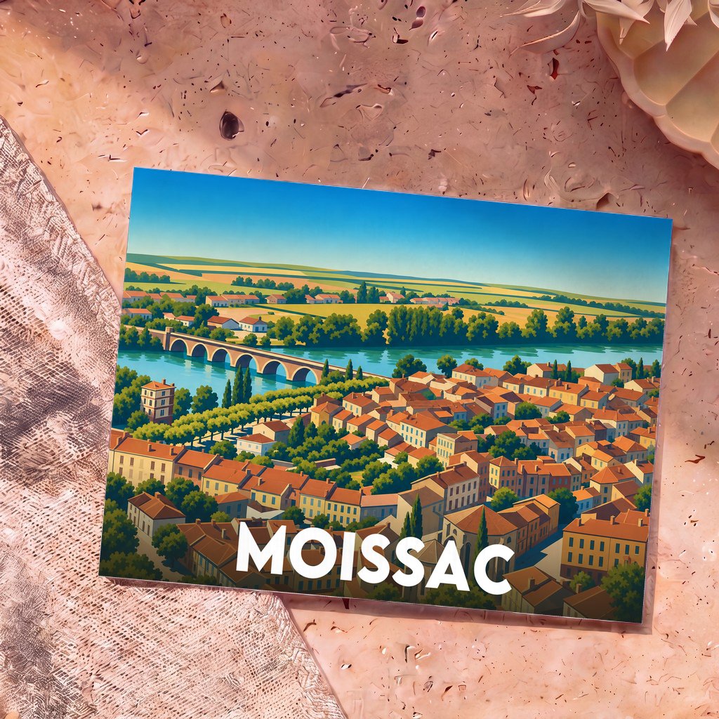 Carte postale souvenir de la ville de Moissac avec une illustration stylisée représentant ses toits, son pont et la rivière.
