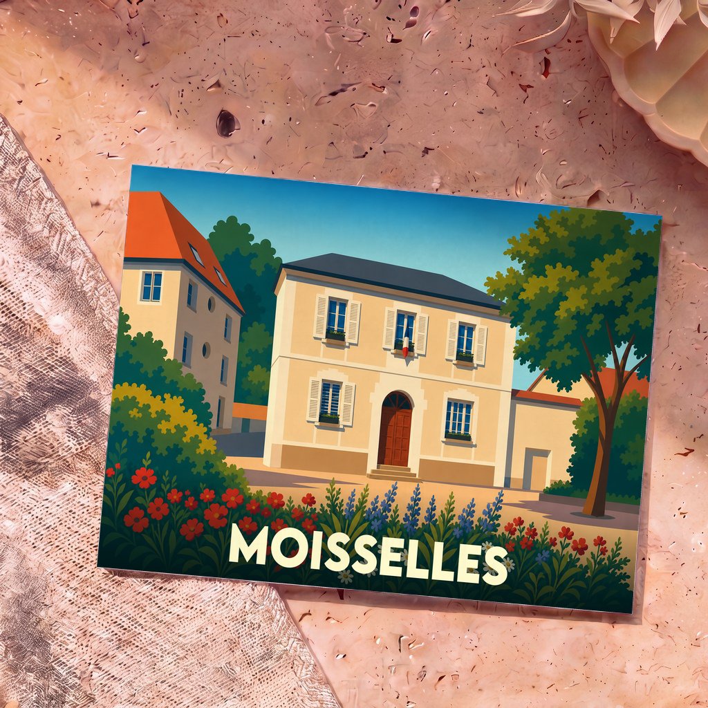 Carte postale souvenir de la ville de Moisselles avec une illustration stylisée de sa mairie fleurie.