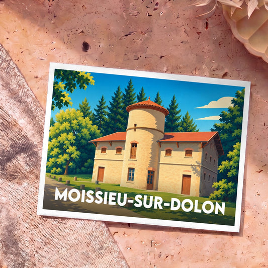 Carte postale souvenir de la ville de Moissieu-sur-Dolon avec une illustration stylisée d'un bâtiment historique.