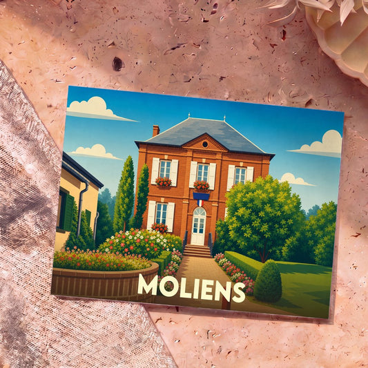 Carte postale souvenir de la ville de Moliens avec une illustration stylisée de sa mairie.