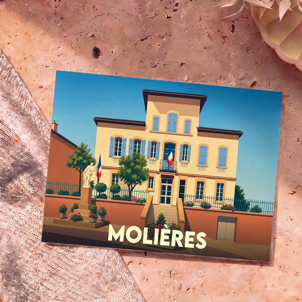 Carte postale souvenir de la ville de Molières avec une illustration stylisée de sa mairie.