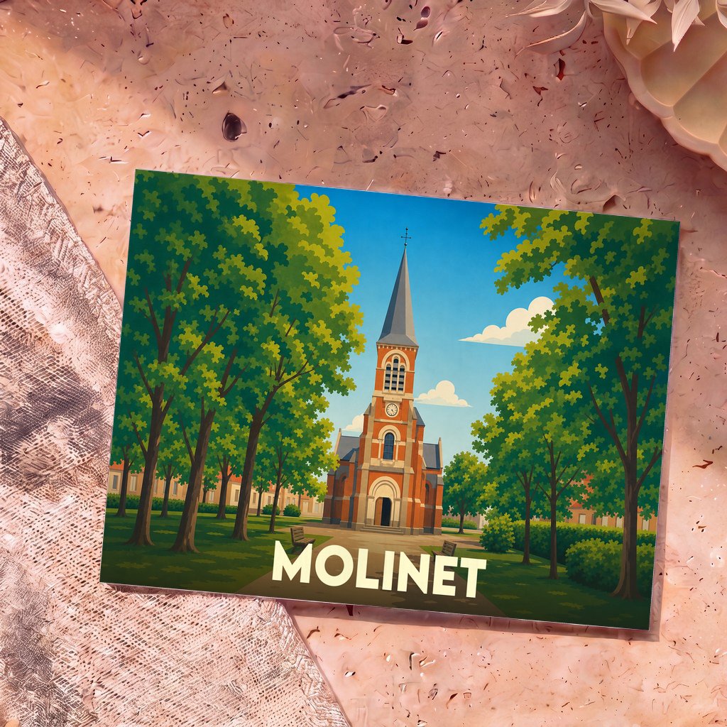 Carte postale souvenir de la ville de Molinet avec une illustration stylisée d'une église bordée d'arbres.
