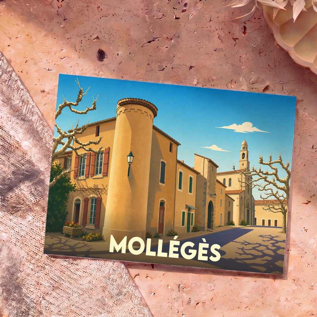 Carte postale souvenir de la ville de Mollégès avec une illustration stylisée de ses bâtiments provençaux.