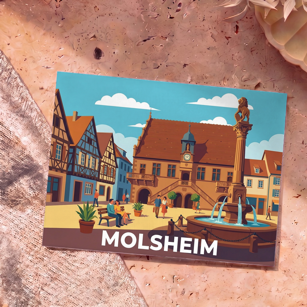 Carte postale souvenir de la ville de Molsheim avec une illustration stylisée de sa place historique et de sa fontaine.