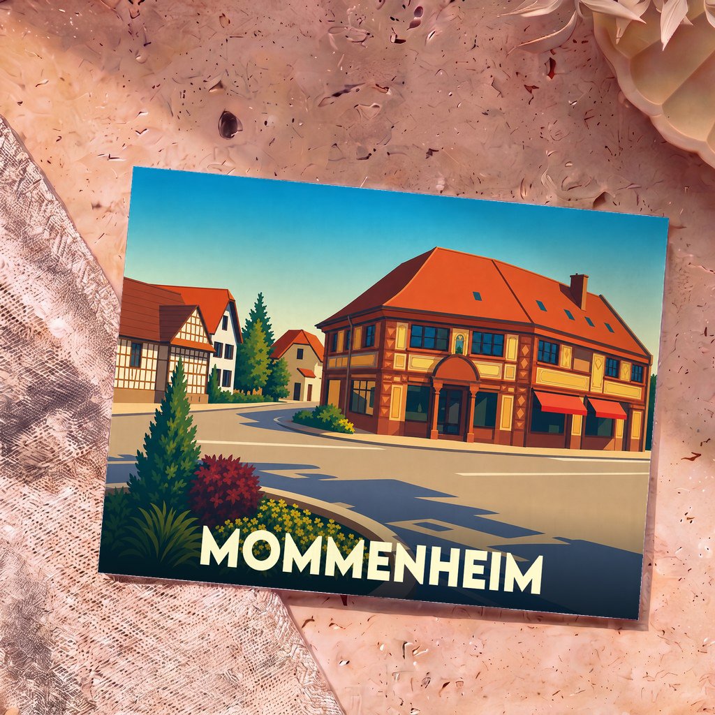 Carte postale souvenir de la ville de Mommenheim avec une illustration stylisée de maisons à colombages.