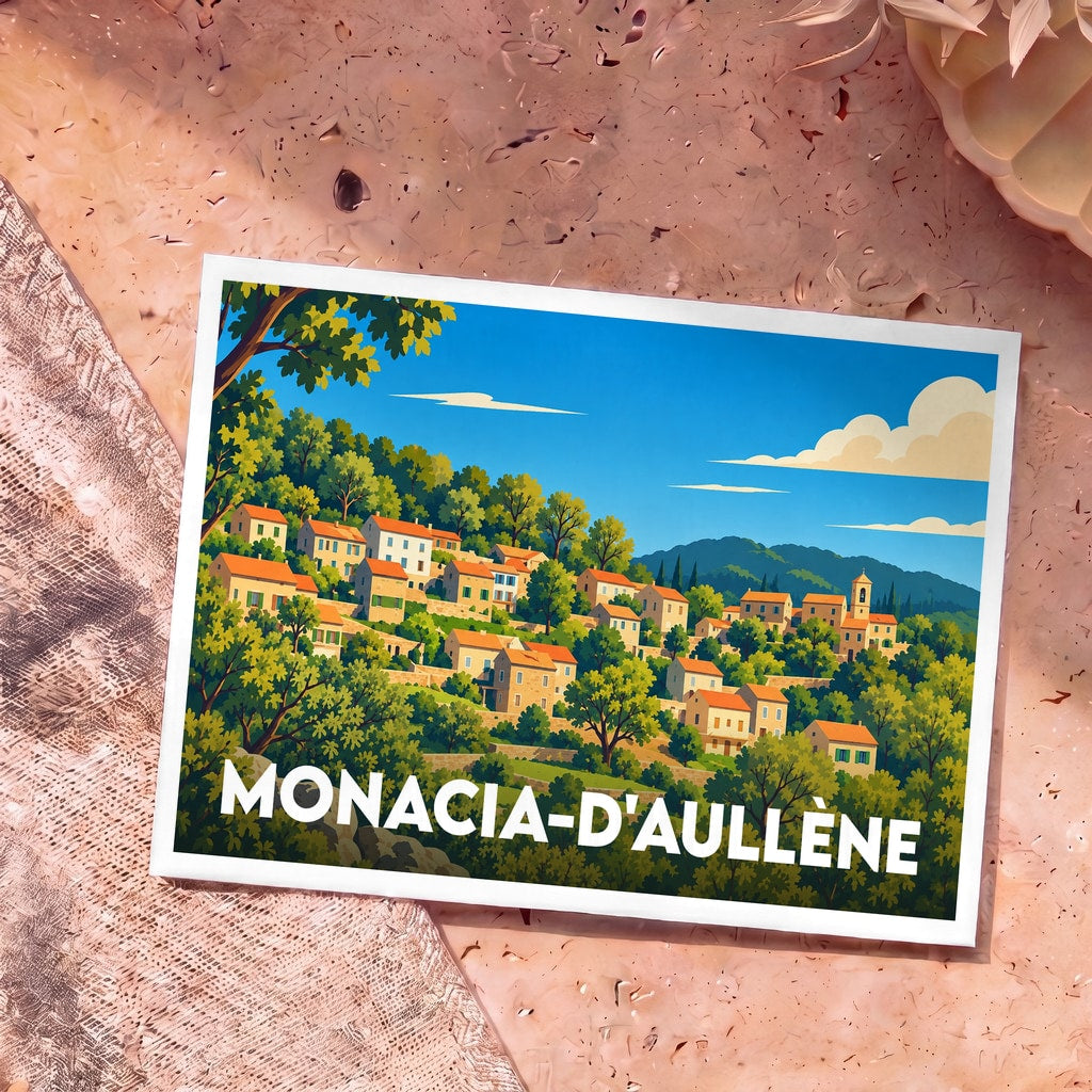 Carte postale souvenir de la ville de Monacia-d'Aullène avec une illustration stylisée.