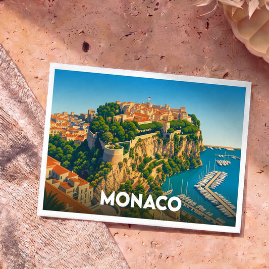 Carte postale souvenir de la ville de Monaco avec une illustration stylisée de son rocher et de son port.