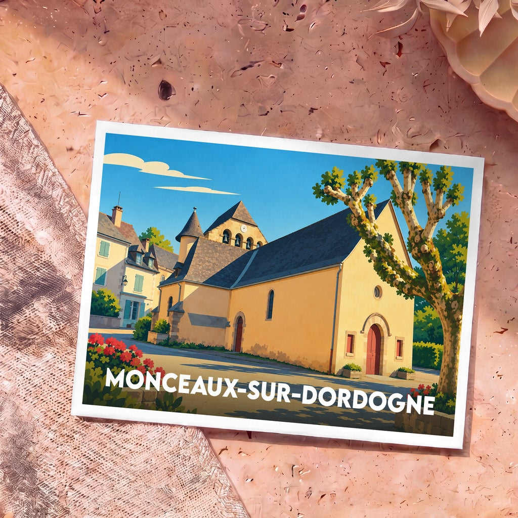 Carte postale souvenir de la ville de Monceaux-sur-Dordogne avec une illustration stylisée d'une église sous un ciel bleu.
