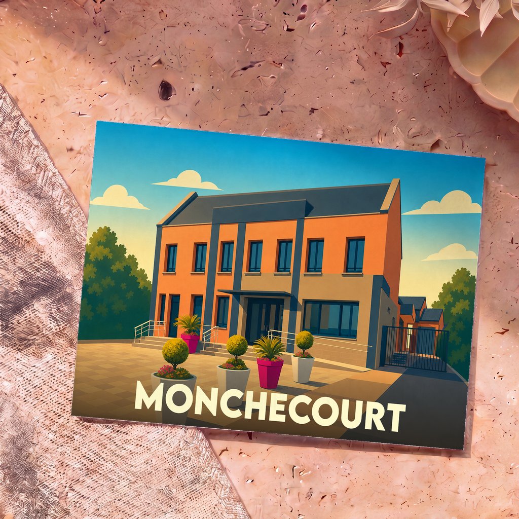 Carte postale souvenir de la ville de Monchecourt avec une illustration stylisée d'un bâtiment moderne coloré.