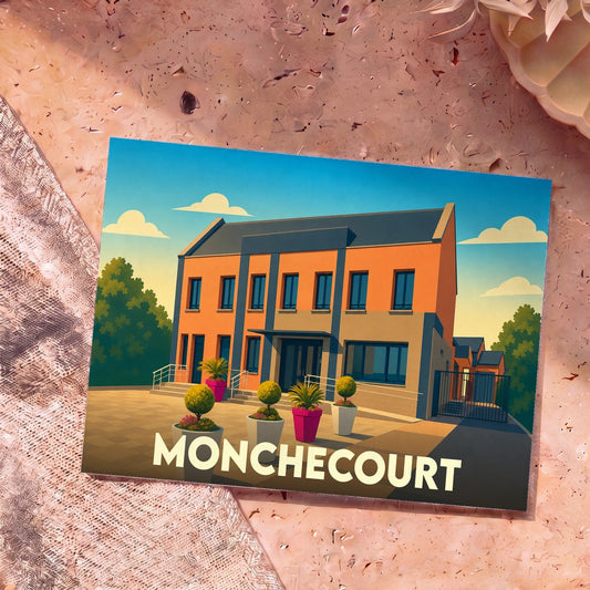 Carte postale souvenir de la ville de Monchecourt avec une illustration stylisée d'un bâtiment moderne coloré.