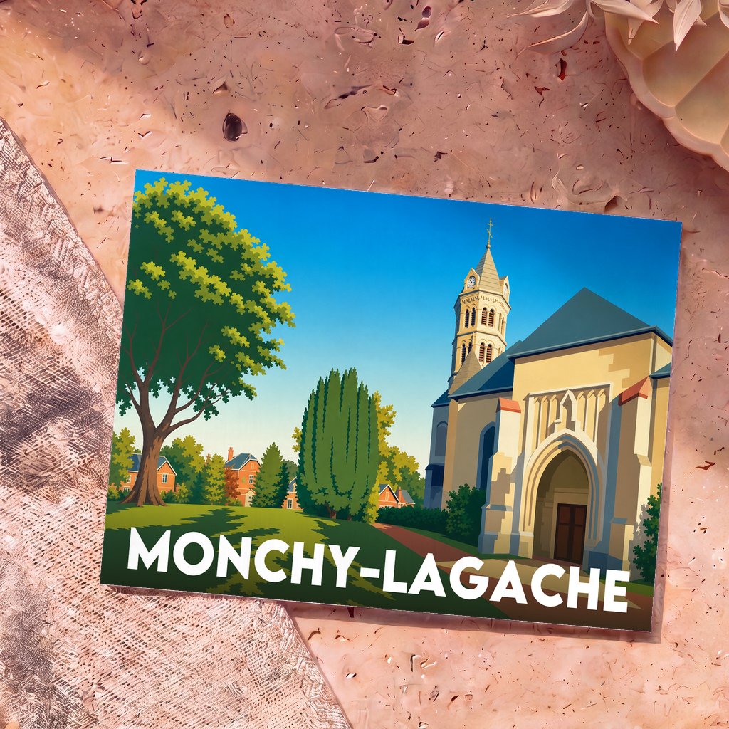 Carte postale souvenir de la ville de Monchy-Lagache avec une illustration stylisée de son église.