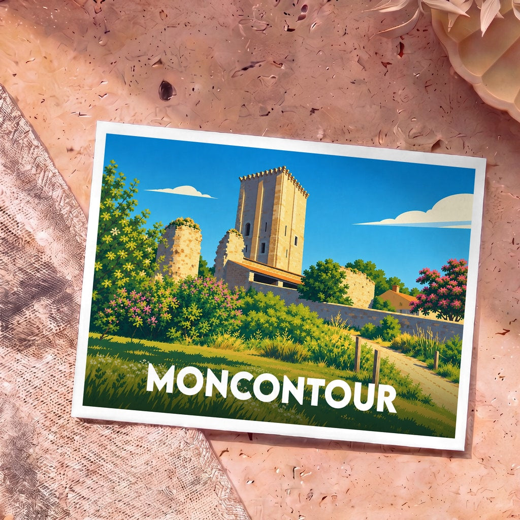 Carte postale souvenir de la ville de Moncontour illustrant son donjon médiéval dans un style graphique épuré.