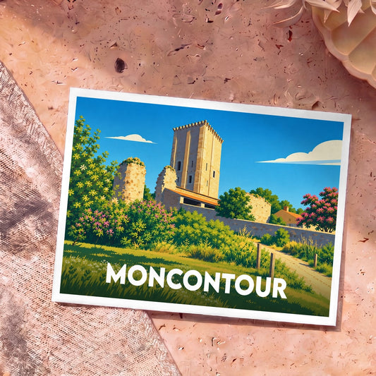 Carte postale souvenir de la ville de Moncontour illustrant son donjon médiéval dans un style graphique épuré.
