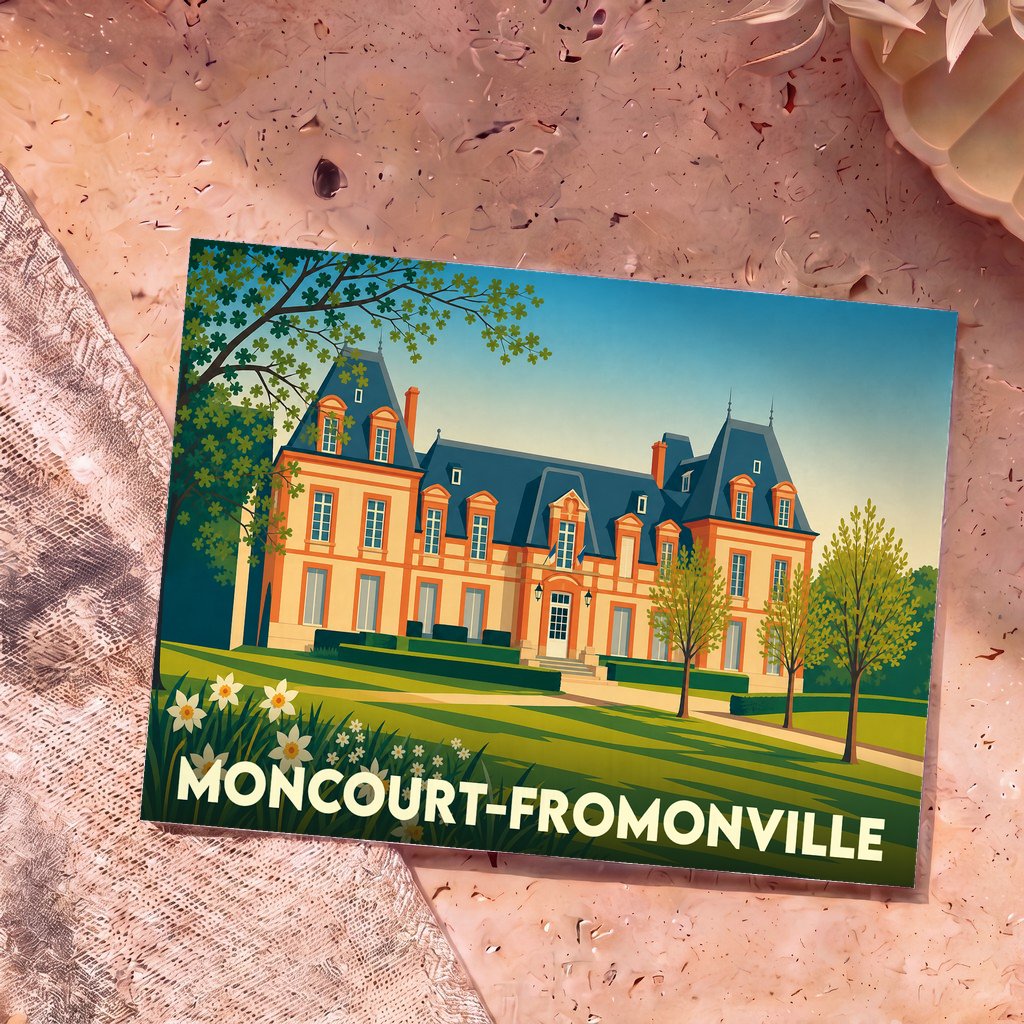Carte postale souvenir de la ville de Moncourt-Fromonville avec une illustration stylisée de son château.