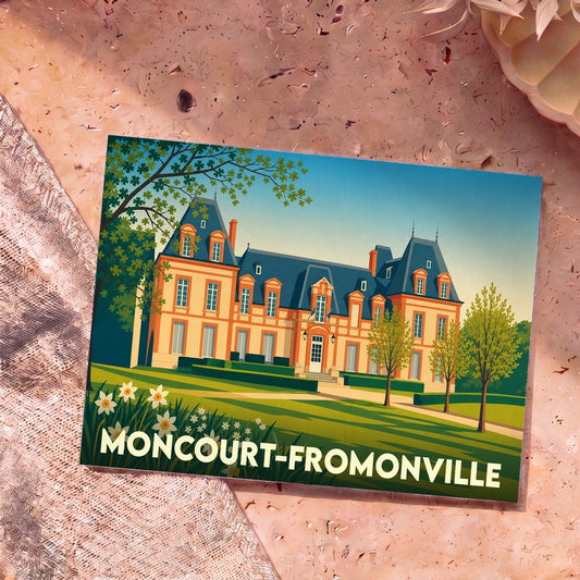 Carte postale souvenir de la ville de Moncourt-Fromonville avec une illustration stylisée de son château.