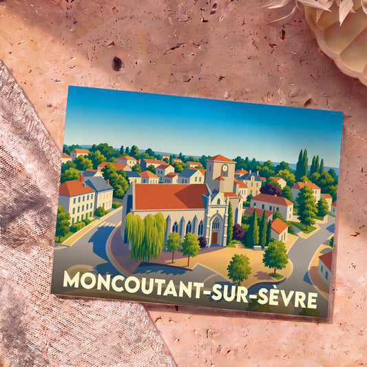 Carte postale souvenir de la ville de Moncoutant-sur-Sèvre avec une illustration stylisée.