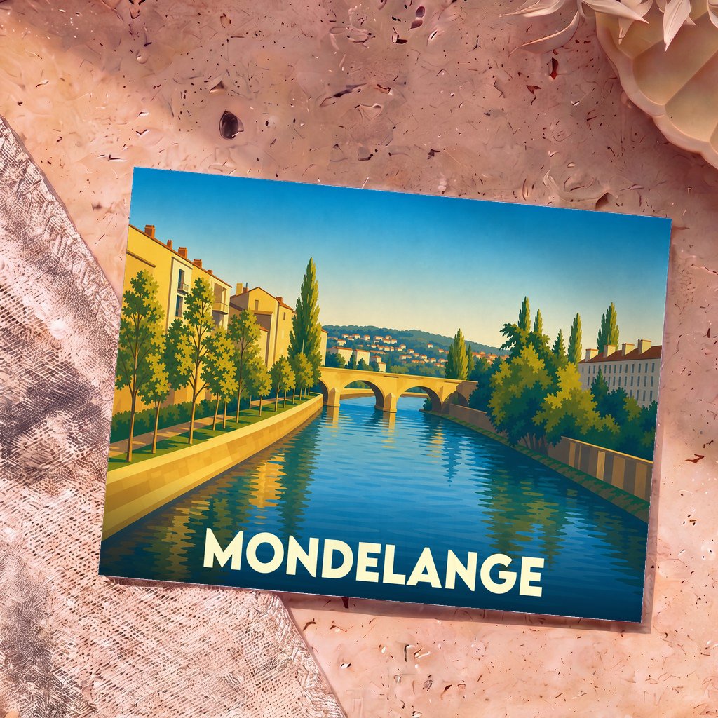 Carte postale souvenir de la ville de Mondelange avec une illustration stylisée représentant un pont sur une rivière bordée d'arbres.