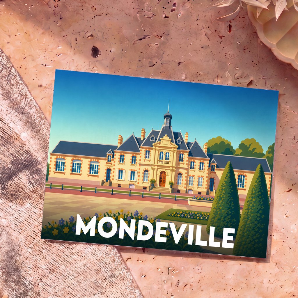 Carte postale souvenir de la ville de Mondeville avec une illustration stylisée de son hôtel de ville.