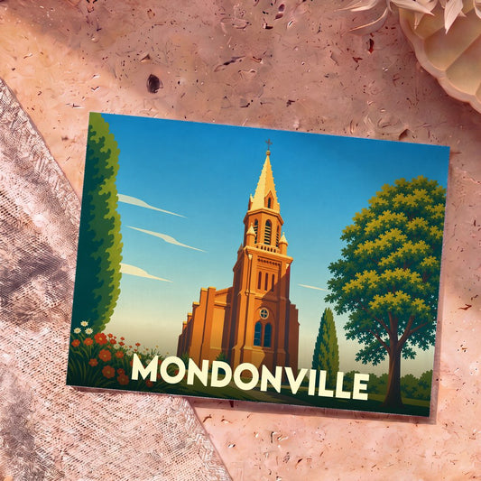 Carte postale souvenir de la ville de Mondonville avec une illustration stylisée de son église.