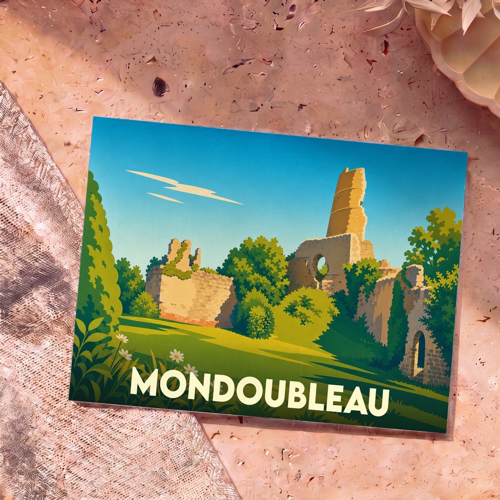 Carte postale souvenir de la ville de Mondoubleau avec une illustration stylisée de ses ruines médiévales.