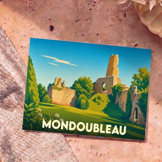 Carte postale souvenir de la ville de Mondoubleau avec une illustration stylisée de ses ruines médiévales.