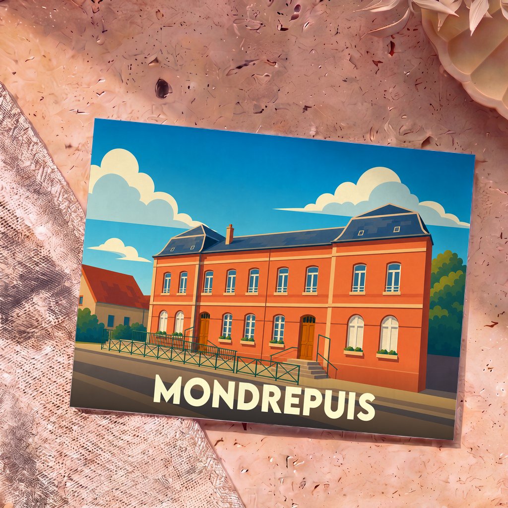 Carte postale souvenir de la ville de Mondrepuis avec une illustration stylisée d'un bâtiment en briques.