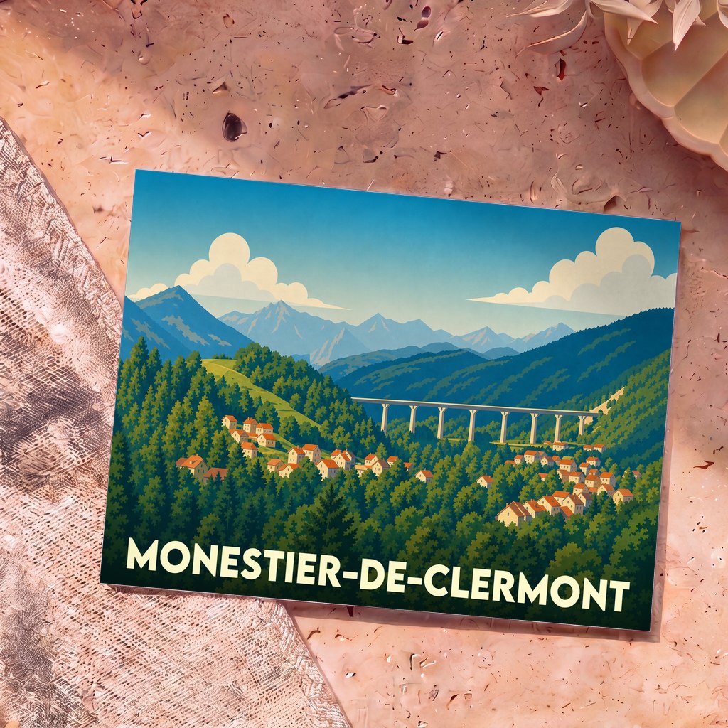Carte postale souvenir de la ville de Monestier-de-Clermont illustrée d'un paysage de montagne stylisé avec son viaduc.