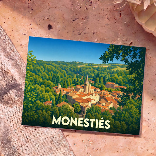 Carte postale souvenir de la ville de Monestiés avec une illustration stylisée d'un village médiéval niché dans la verdure.