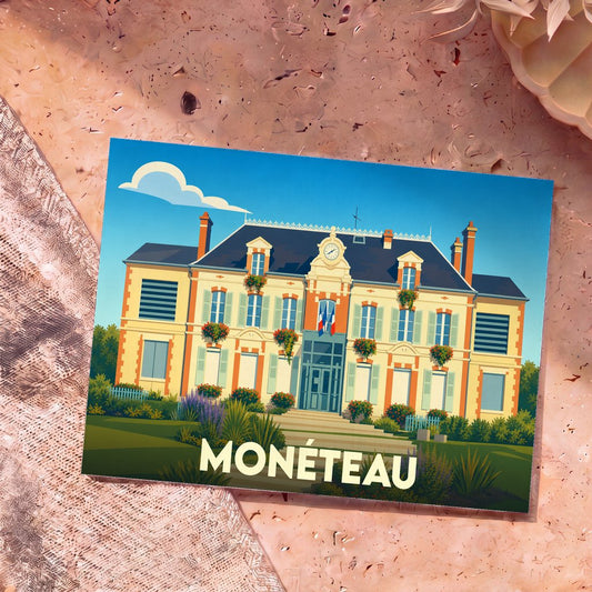 Carte postale souvenir de la ville de Monéteau avec une illustration stylisée de sa mairie.