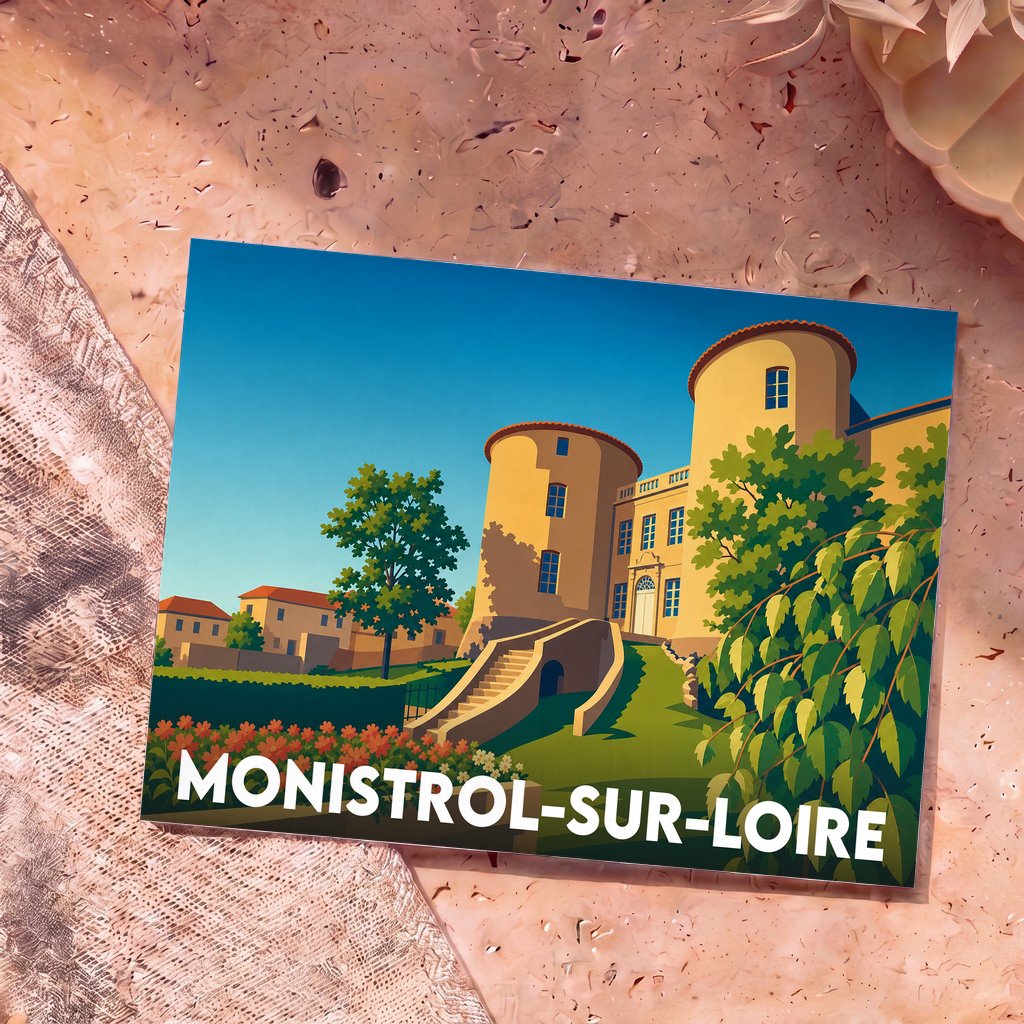 Carte postale souvenir de la ville de Monistrol-sur-Loire avec une illustration stylisée de son château.