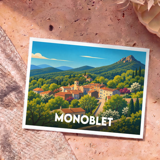 Carte postale souvenir de la ville de Monoblet avec une illustration stylisée de son village et de ses montagnes environnantes.