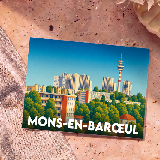 Carte postale souvenir de la ville de Mons-en-Barœul avec une illustration stylisée de ses immeubles et de son château d'eau.