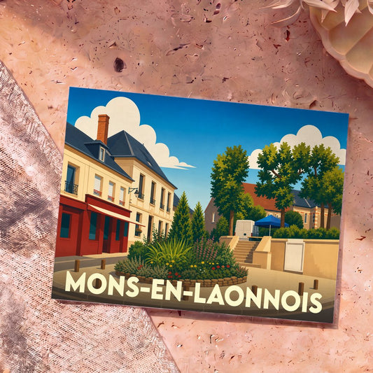 Carte postale souvenir de la ville de Mons-en-Laonnois avec une illustration stylisée et colorée.