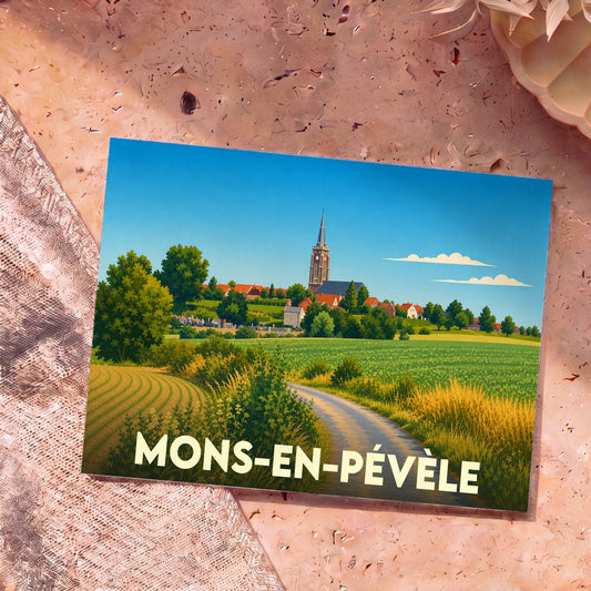 Carte postale souvenir de la ville de Mons-en-Pévèle illustrant son église et ses paysages vallonnés dans un style rétro.
