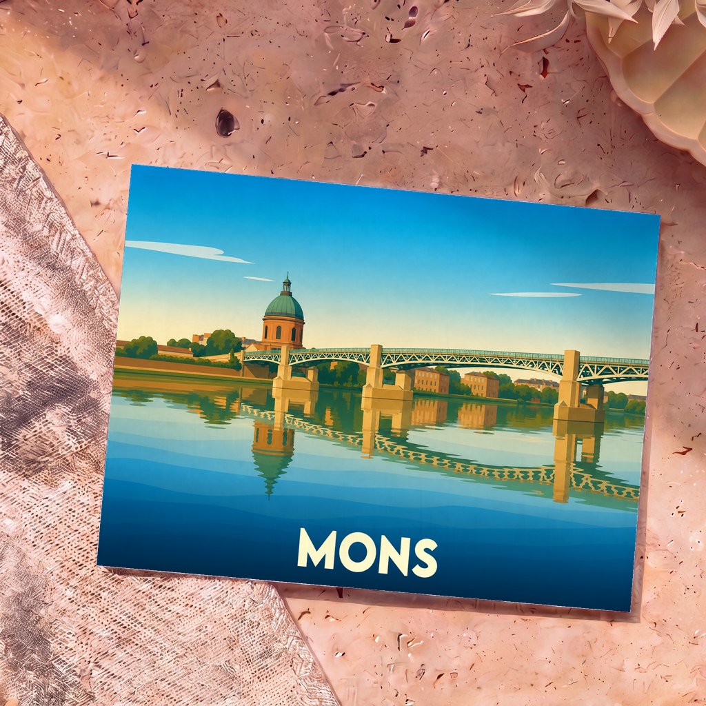 Carte postale souvenir de la ville de Mons avec une illustration stylisée de son architecture au bord de l'eau.